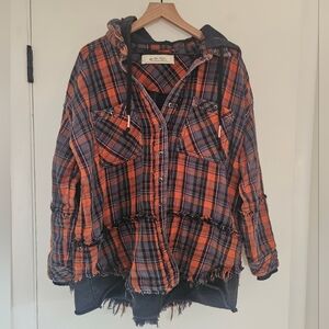 We The Free Plaid Hooded Shacket in Orange and Gray